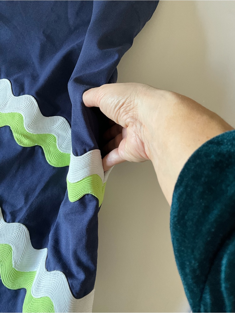 Navy Sleeveless Mini Dress with White & Lime Wave Trim - Picture 8 of 9